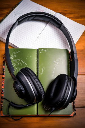 headphones and notepad ready for webinar session, created with generative aiの素材