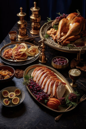 sliced turkey and side dishes served on plates, created with generative aiの素材