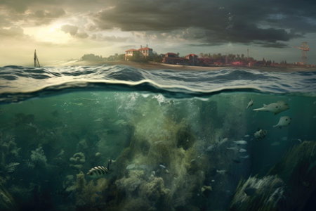 marine life surfacing as tsunami wave passes underwater, created with generative aiの素材