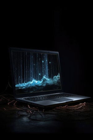 open laptop with code on screen in darkness, created with generative aiの素材