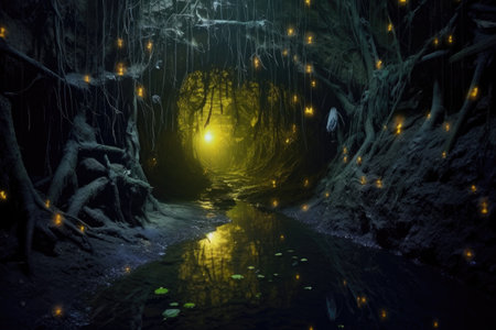 fireflies illuminating a dark, eerie swamp cave entrance, created with generative aiの素材