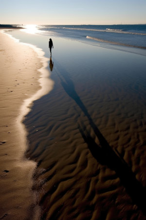 womans shadow reflecting on a beach, created with generative aiの素材