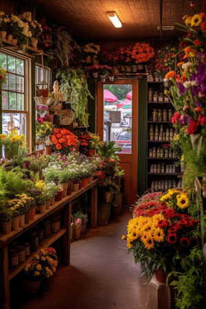 quaint flower shop with colorful arrangements, created with generative aiの素材