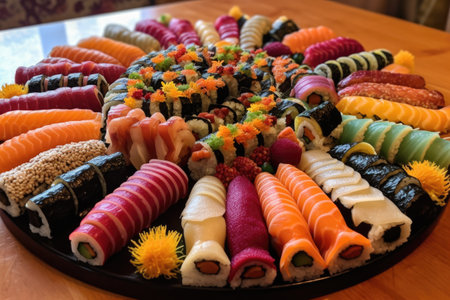 sushi platter with various rolls and nigiri, created with generative aiの素材