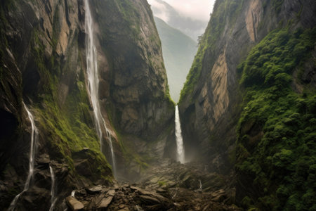 dramatic waterfall along steep mountain trek, created with generative aiの素材