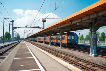 train station platform, with train approaching and passengers boarding, created with generative aiの素材