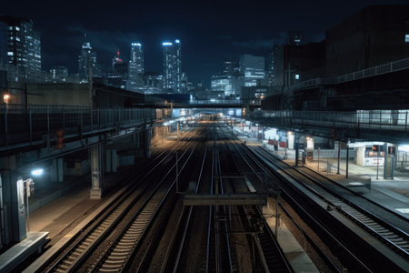 train station platform, with view of bustling cityscape, at night, created with generative aiの素材