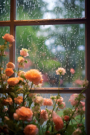 raindrops on a window with a blooming garden outside, created with generative aiの素材