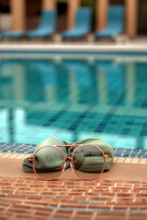 swimming goggles and cap near pool edge, created with generative aiの素材