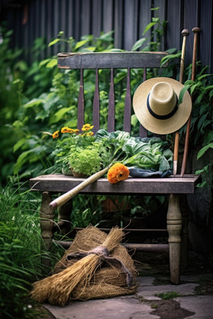 gardening tools and a straw hat on a bench, created with generative aiの素材
