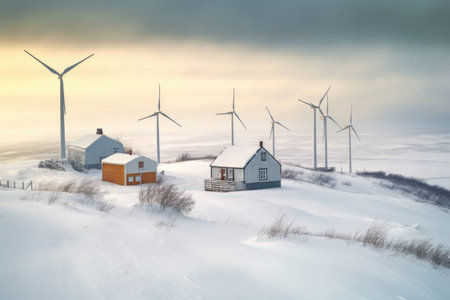 wind turbine farm covered in snow during winter, created with generative aiの素材
