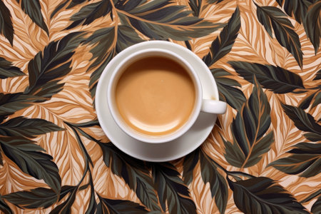 top view of a coffee cup with a leaf pattern, created with generative aiの素材