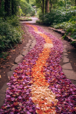 thank you made from flower petals on a garden path, created with generative aiの素材
