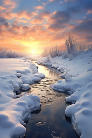 icy river flowing through a snow-covered landscape, created with generative aiの素材