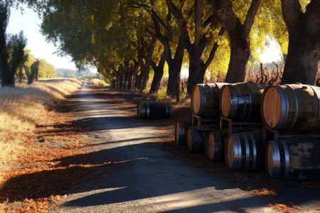 wine barrels under sunlight, casting shadows on ground, created with generative aiの素材