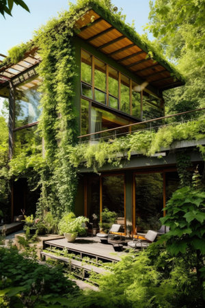 eco-friendly home with green walls and solar panels, created with generative aiの素材