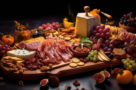 charcuterie board with various meats and cheeses, created with generative aiの素材