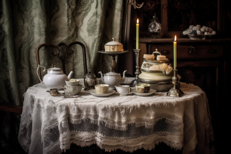 antique tea set with a lace tablecloth and candles, created with generative aiの素材