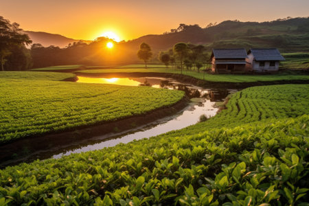 contrast of tea plantation shades during sunset, created with generative aiの素材