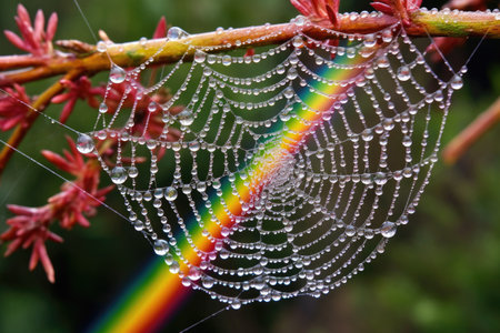 rainbow spectrum formed on dew-covered spider web, created with generative aiの素材