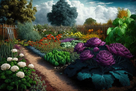 vegetable garden in full bloom, with colorful flowers and herbs, created with generative aiの素材