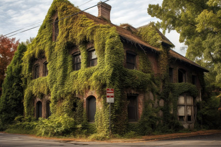 old brick building with ivy climbing walls, created with generative aiの素材