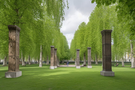 green park, with unique sculptures and greenery in the background, created with generative aiの素材