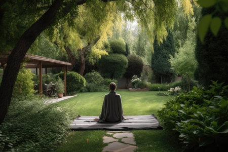 person, practicing yoga and meditation in tranquil garden, created with generative aiの素材