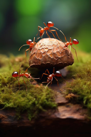 team of ants working together to carry food, created with generative aiの素材