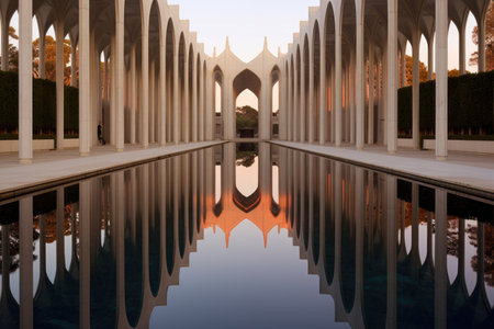 symmetrical architecture mirrored in a still reflecting pool, created with generative aiの素材
