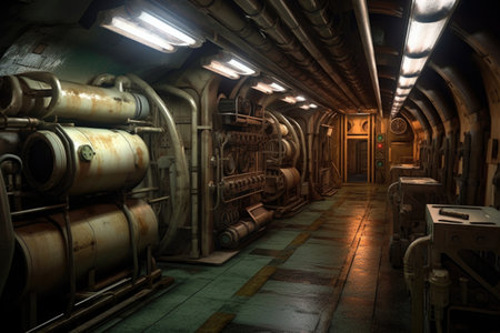 torpedo room with loaded torpedo tubes and storage area, created with generative aiの素材