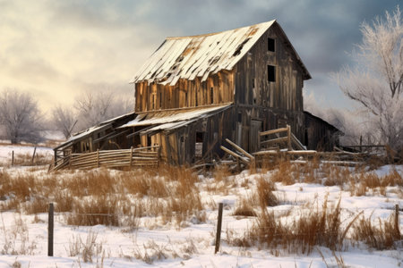 weathered barn in winter, covered in snow, created with generative aiの素材