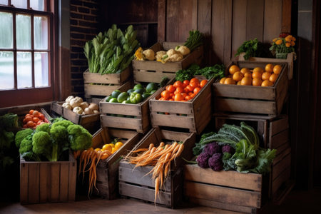 rustic wooden crates filled with freshly harvested produce, created with generative aiの素材