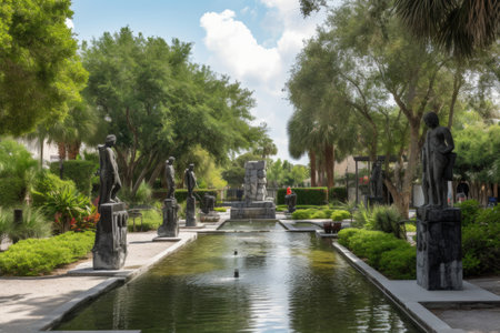 park with sculptures, fountains, and greenery, created with generative aiの素材