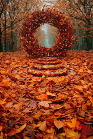 welcome written in leaves during autumn, created with generative aiの素材