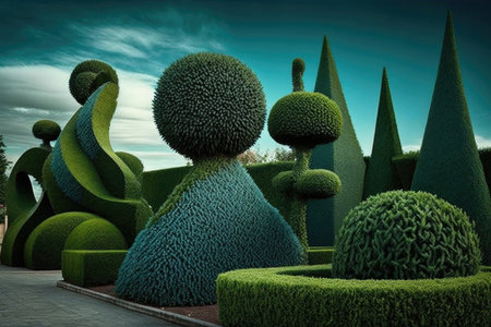 topiary hedge with intricate and unique shapes and patterns, created with generative aiの素材