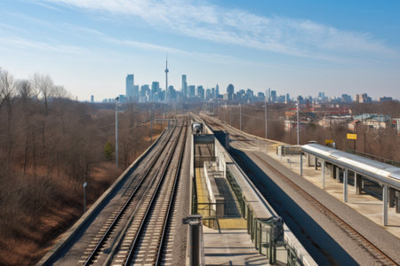 train station platform, with view of the city and its skyline in the background, created with generative aiの素材