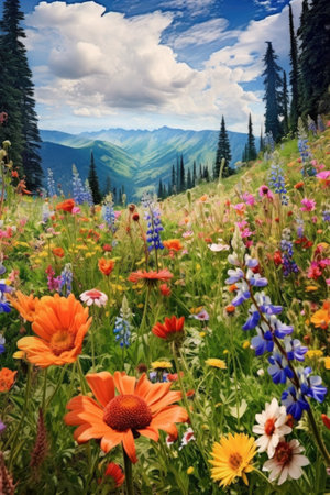 vibrant wildflowers in a mountain meadow, created with generative aiの素材
