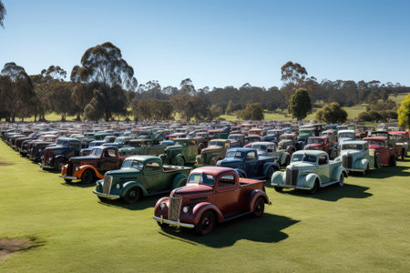 classic cars and trucks, arranged to create a spectacular display, created with generative aiの素材