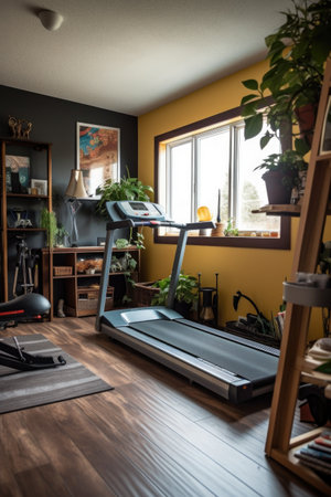 treadmill and exercise equipment in a home gym, created with generative aiの素材