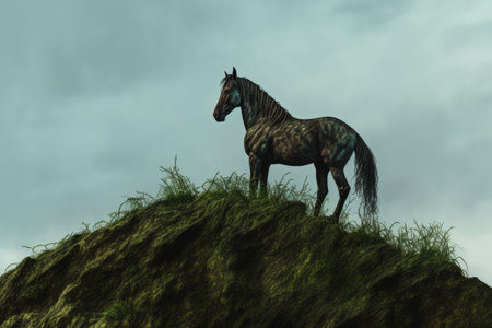 a single wild horse standing atop a hill, created with generative aiの素材