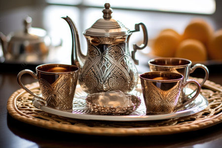 moroccan tea set with elaborately designed teapot, created with generative aiの素材