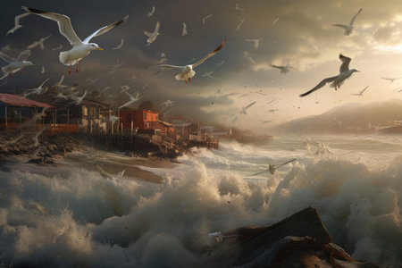 seagulls soaring above the chaos of a coastal tsunami, created with generative aiの素材