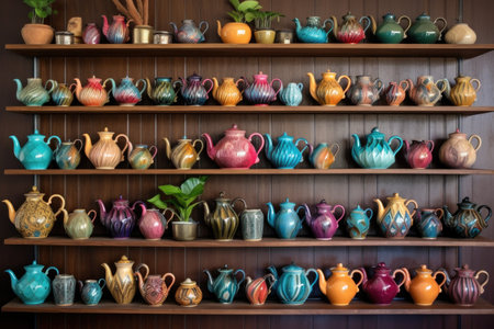 assorted teapots arranged on a wooden shelf, created with generative aiの素材