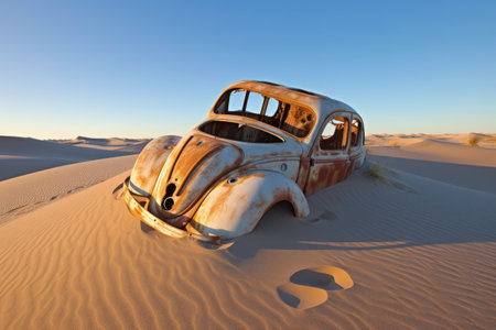 rusty car wreck half-buried in sand dunes, created with generative aiの素材