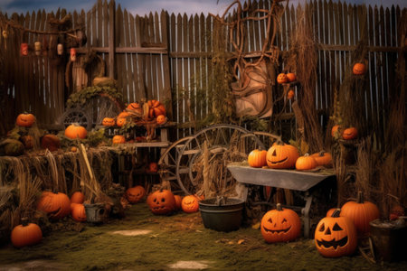 halloween-themed pumpkin patch with spooky decorations, created with generative aiの素材