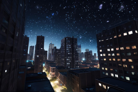 virtual reality simulation of nighttime cityscape, with lit skyscrapers and starry sky, created with generative aiの素材