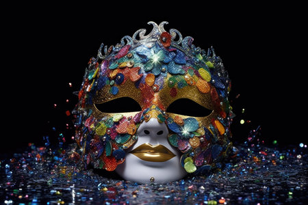 mardi gras mask with glitter and sequins in spotlight, created with generative aiの素材