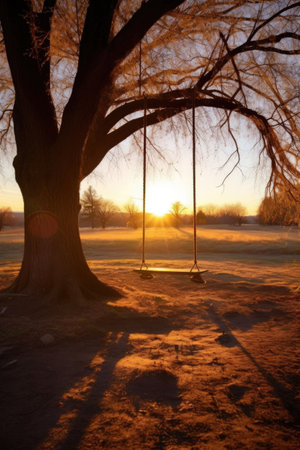tree swing illuminated by warm sunset glow, long shadows, created with generative aiの素材