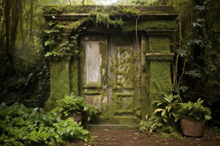 antique garden door covered in ivy and moss, created with generative aiの素材